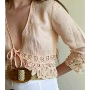 J. Jill Women’s Medium Peach Crochet Cropped Open Cardigan Sweater EUC